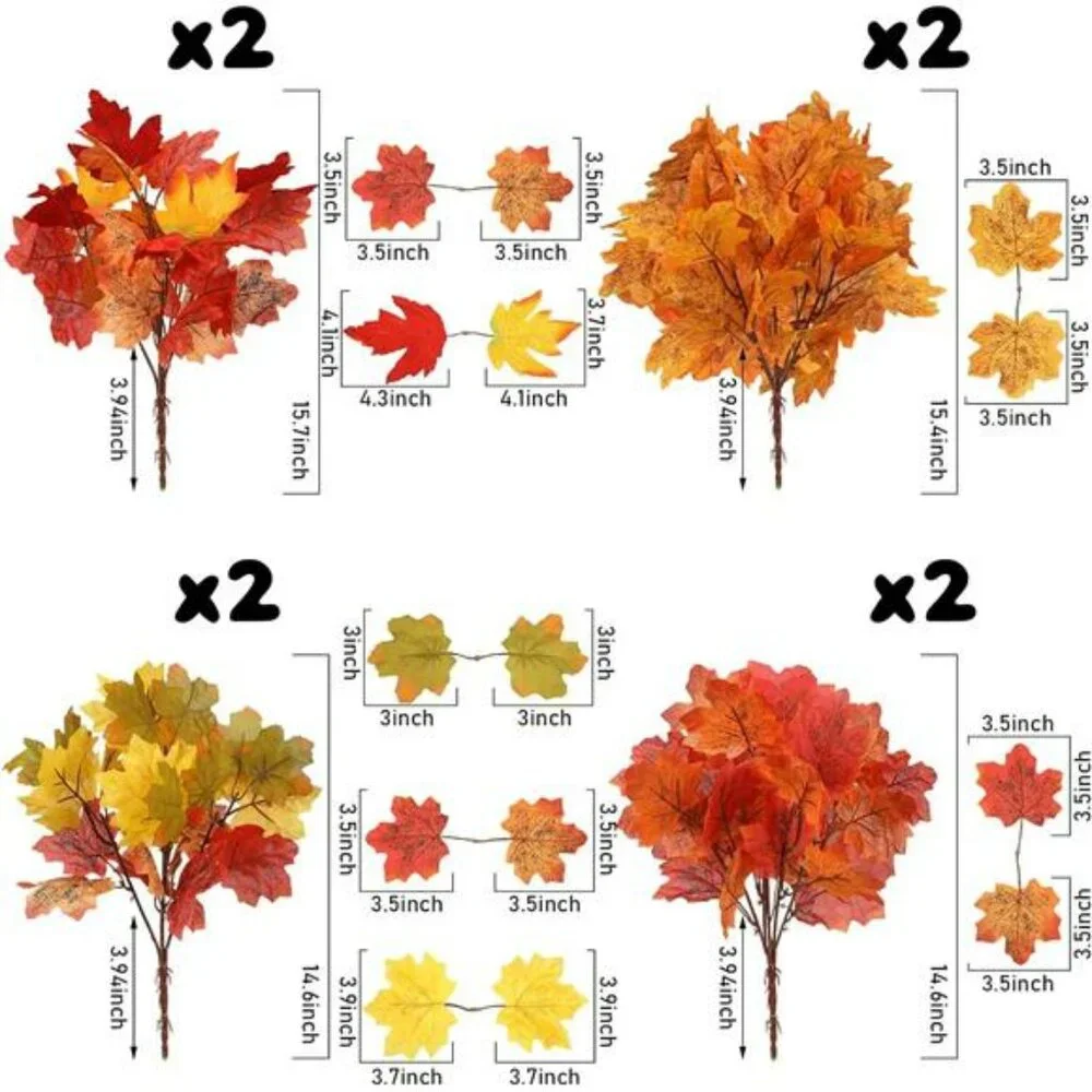 Artificial Maple Leaves Stems 8 Pack Fall Branches Faux Autumn Decor Centerpiece